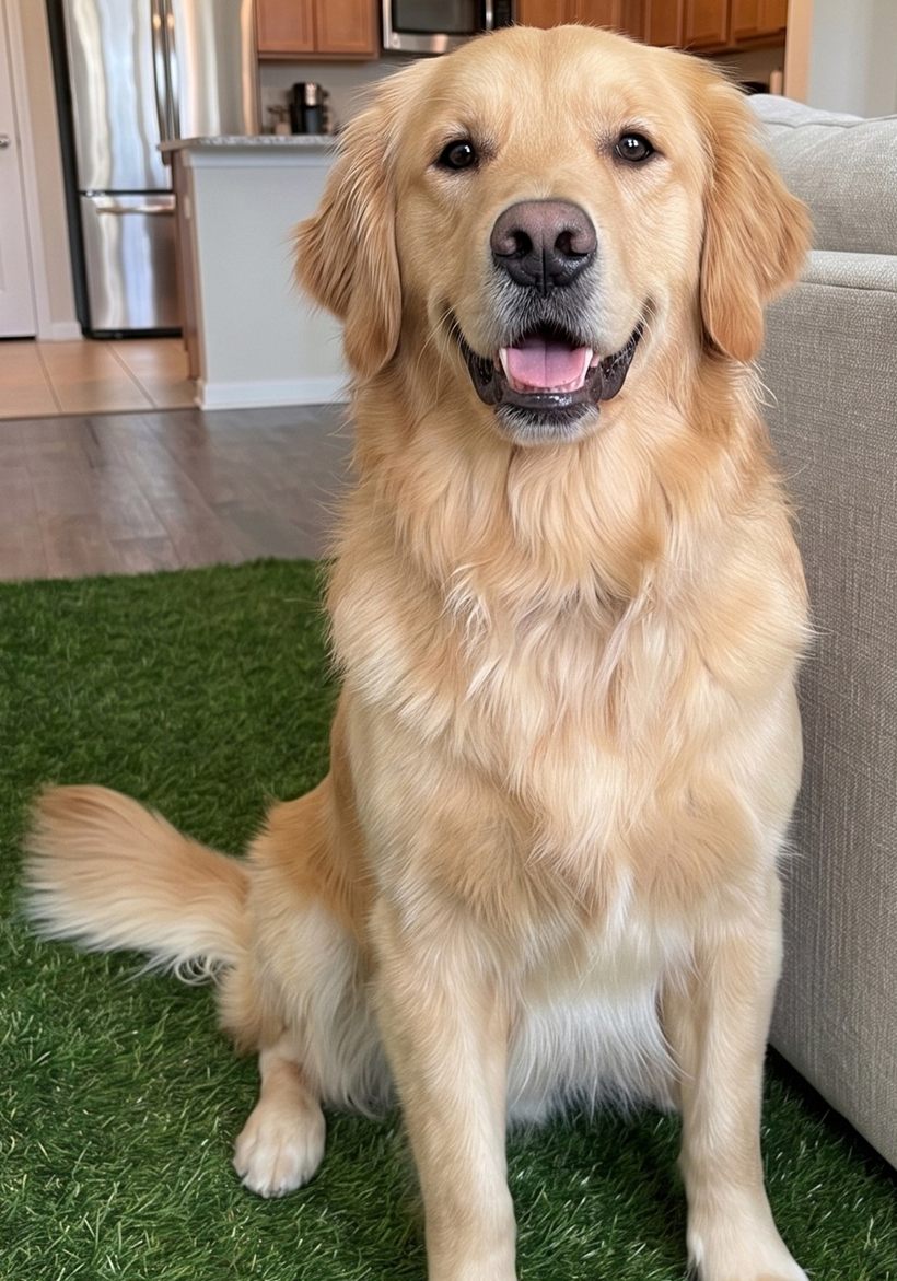 The same golden retriever sitting up, coat full and skin calm, in the same kitchen