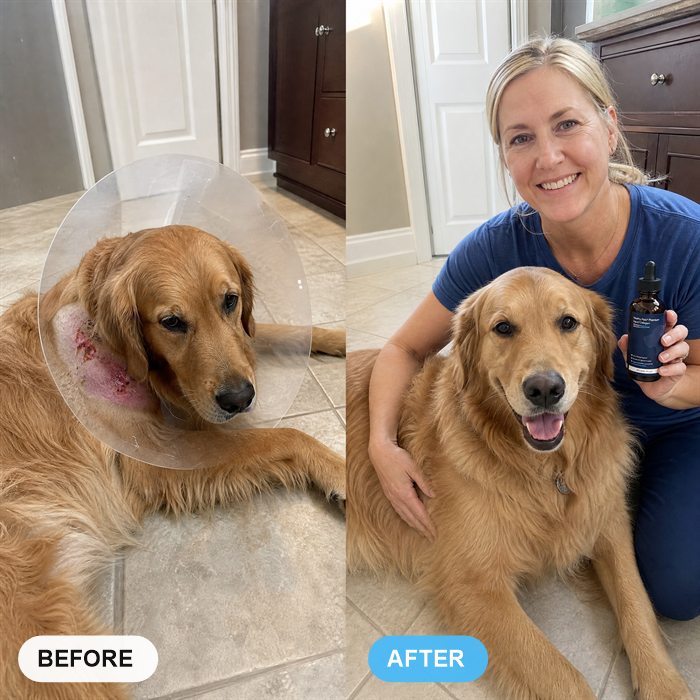 Before and after, a golden retriever's neck