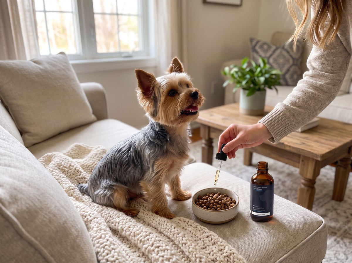 Yorkshire Terrier at home getting Healthy Petz Liquid Collagen on its food