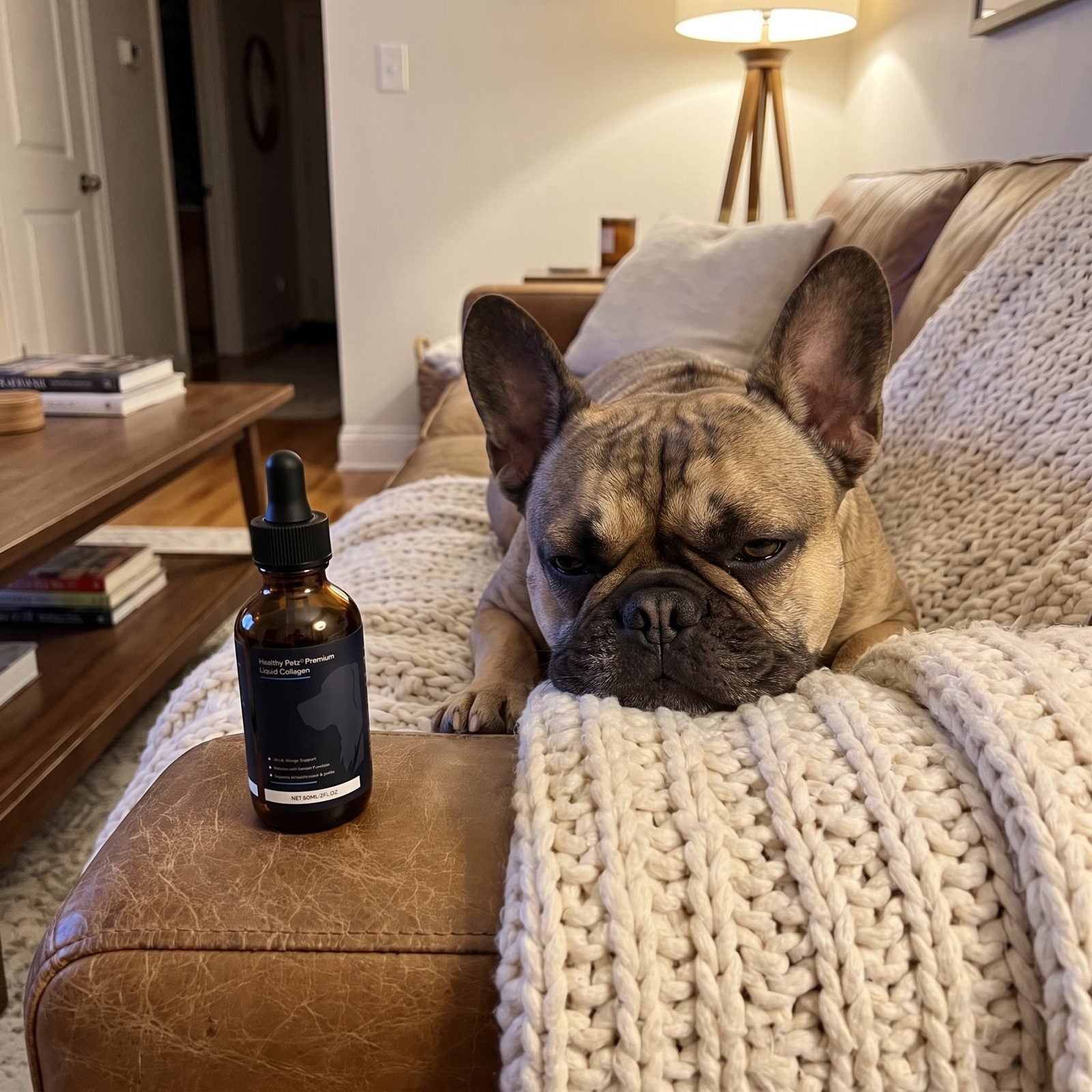 French Bulldog on the sofa next to Healthy Petz Liquid Collagen