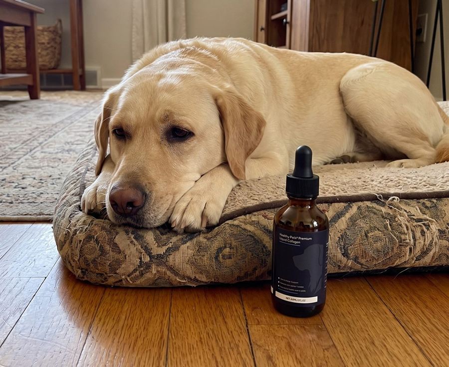Yellow Labrador resting on its bed next to a bottle of Healthy Petz Liquid Collagen