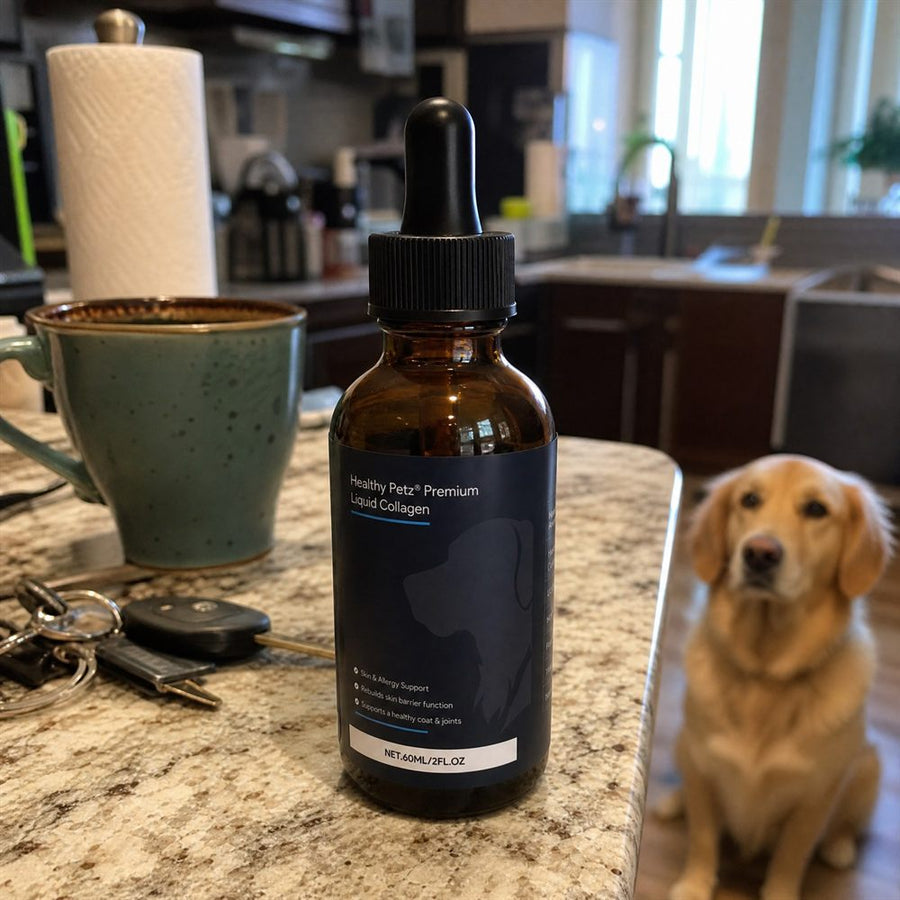 A bottle of Healthy Petz Premium Liquid Collagen on a kitchen counter, a golden retriever sitting behind it