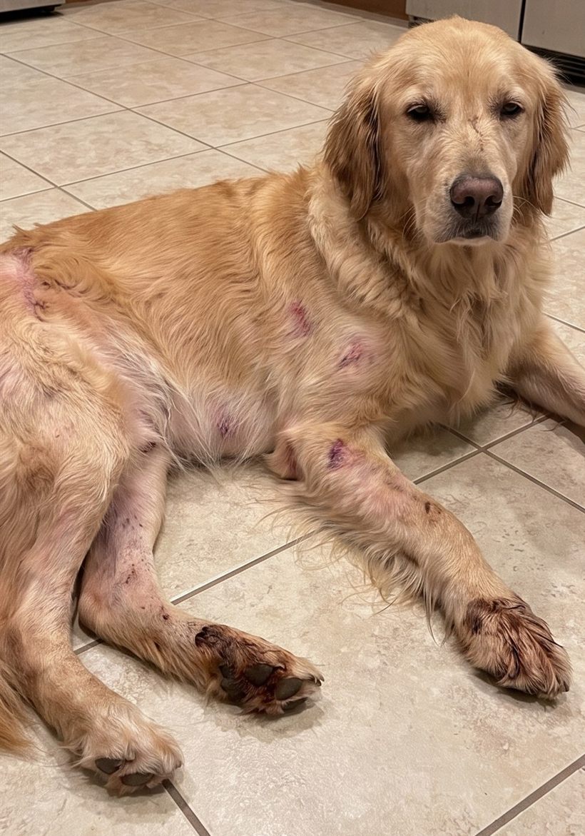 A golden retriever lying on a kitchen floor with red, sore skin on her belly, legs and paws