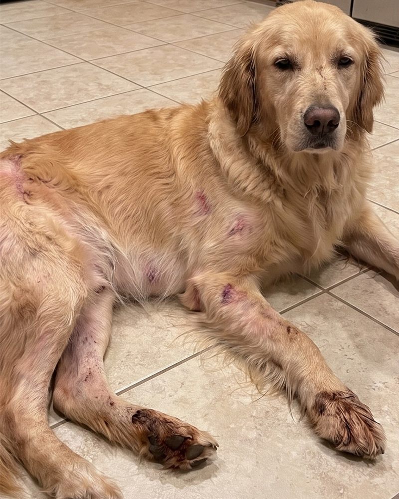 Daisy, a golden retriever, with red, inflamed skin on her belly and legs