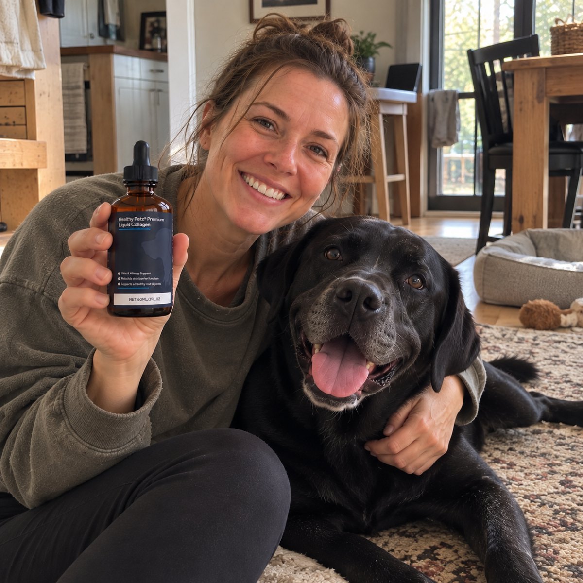 Black Labrador with his owner and a bottle of Healthy Petz Liquid Collagen